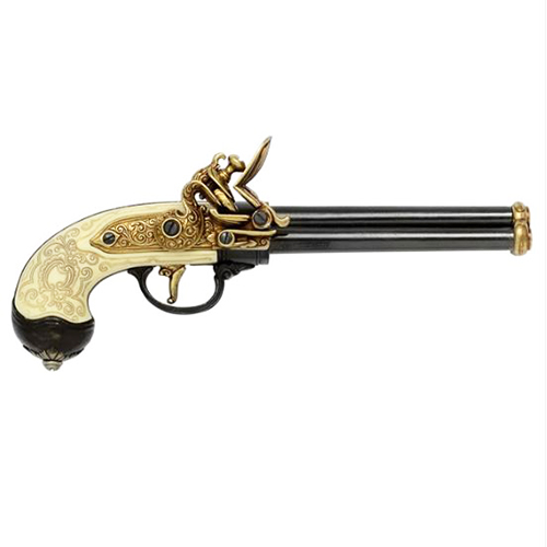 Brass &amp; Ivory Three Barrel Flintlock Pistol    TTG1016L